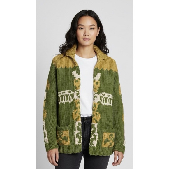 Handmade Sweaters - Vintage Cowichan Sweater Womens Size XL Green Totem Alaska Warm Heavy Cardigan